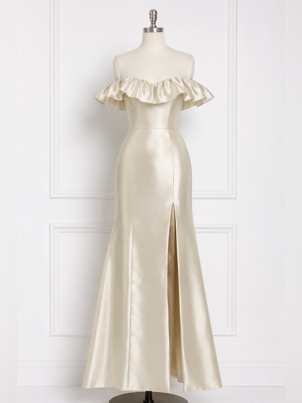 Alfred Sung Off the Shoulder Ruffle Neck Satin Trumpet Gown in Champagne - Picture 10 of 15